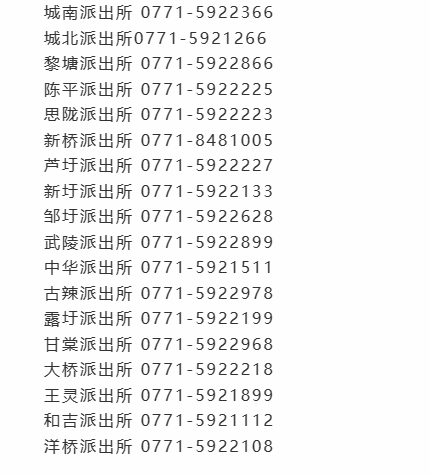 便民信息：南宁宾阳县各派出所联系电话号码汇总表