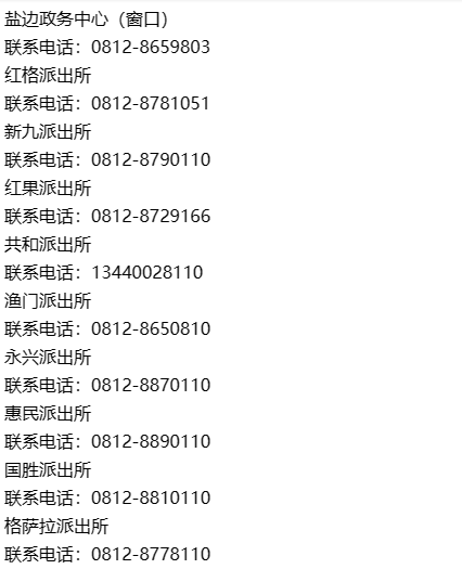盐边县各派出所办理户籍业务窗口联系电话汇总表